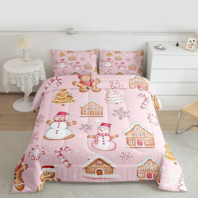 Feelyou Pink Christmas Kids Comforter Set Twin Size Snowman Bedding Set Gingerbread Man Duvet Quilt for Kids Boys Girls Bedroom Snowflake Candy Cane Decor Microfiber Ultra Soft Breathable