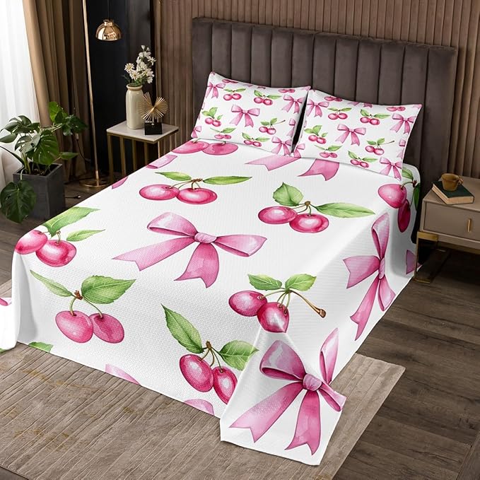 Pink Bowknot Kids Bedspread Queen Size,Cherry Tropical Fruit Bow Patchwork Coverlet Set,Girls Women Room Decor,Bow Tie Butterfly Knot Princess Quilted Coverlet,Dreamy Bedding Quilt,2 Pillowcases