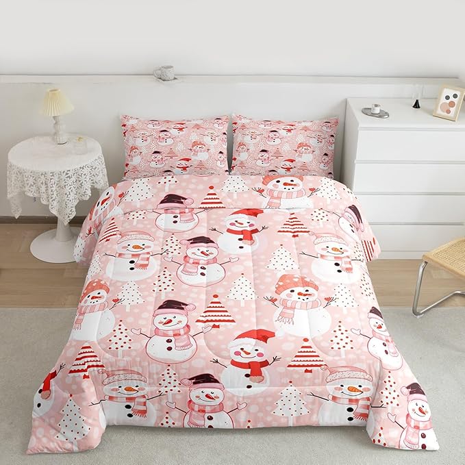 Manfei Christmas Comforter Set Twin Size, Snowman and Xmas Trees Down Comforter with 1 Pillowcase, New Year Pink Bedding Set 2pcs for Kids Girls Adults Bedroom Decor Lightweight Duvet Insert