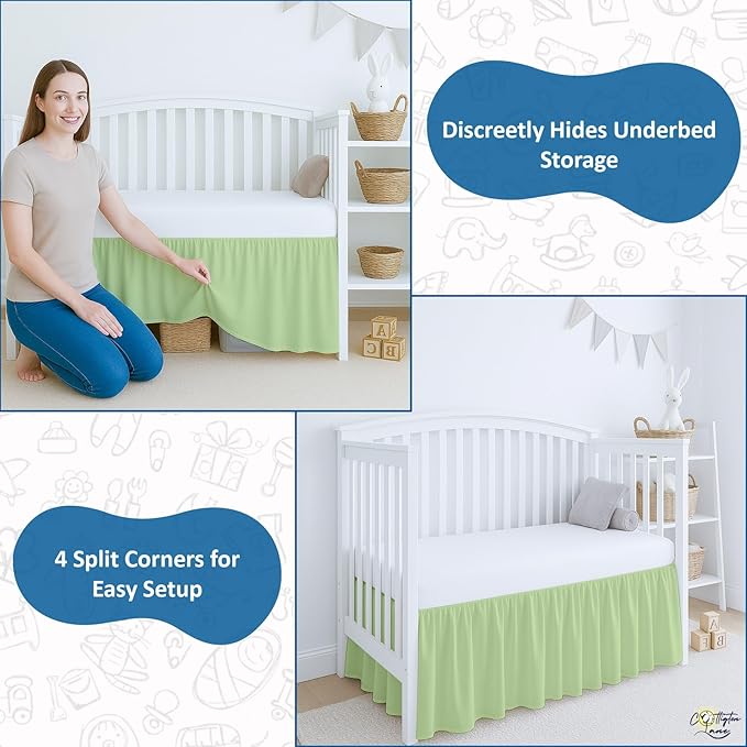 Cottington Lane Sage Crib Skirt Dust Ruffle, 100% Natural Cotton, Soft, Durable Nursery Crib Toddler Bedding Skirt for Baby Girls or Boys, Fits Standard Cribs 28" x 52" with 14" Drop