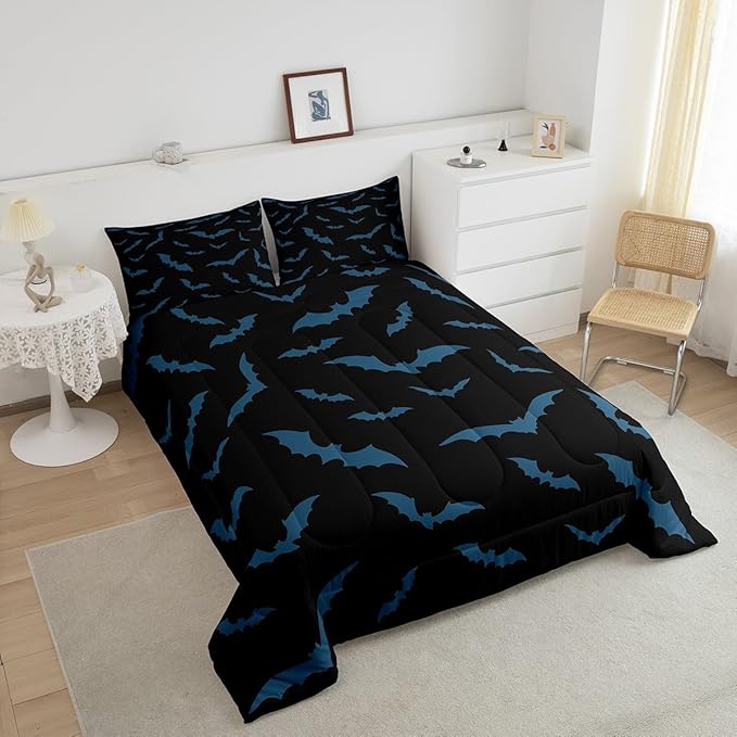 Erosebridal Halloween Decor Bedding Set for Kids Boys Youth Turquoise Bats Comforter Set Queen Size Gothic Spooky Quilt Happy Holiday Style Duvet Insert with 2 Pillow Cases,Black