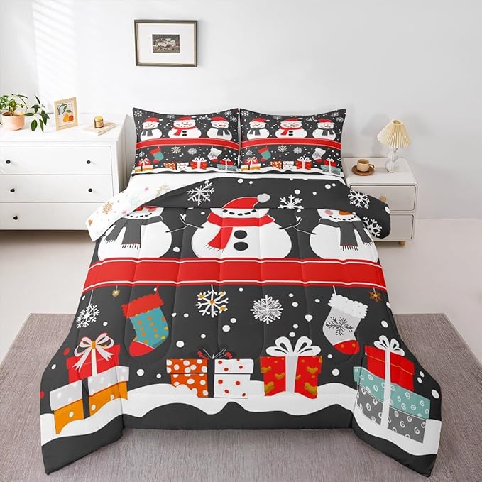 Feelyou Christmas Comforter Set Queen Size Snowman Bedding Set for Kids Boys Girls Snowflake Duvet Quilt New Year Gift Bedroom Decor Microfiber 3 Pcs with 2 Pillow Cases