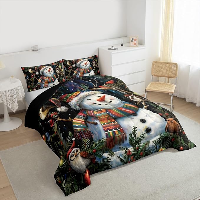 Feelyou Christmas Bedding Set Soft for Boys Girls, Holiday Snowman Birds Comforter Set Full Size Xmas Owl Branch Berry Duvet Quilt Microfiber Snowflake Bedroom Decor 3 Pcs with 2 Pillow Cases