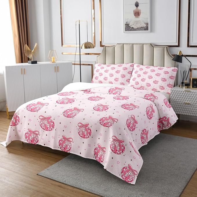 Bowknot Princess Kid Bedspread Queen Size,Disco Crystal Ball Western Cowgirl Coverlet Set,Girls Women Room Decor,Star Bow Tie Sweet Romantic Quilted Coverlet,Pink Dreamy Bedding Quilt,2 Pillowcases