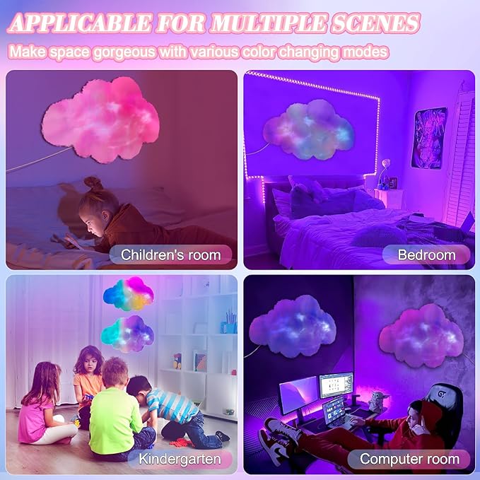 LED Wall Cloud Light for Bedroom, Stick-on Lamp Smart APP and Remote Control, Fluffy Night Light RGB Music Sync for Room, Cool Stuff for Teen Girl, Kids Room Decor (24'')
