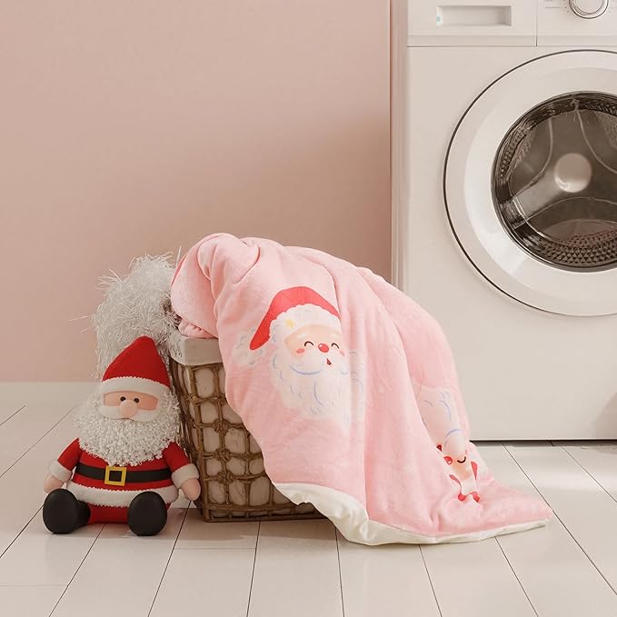 JANZAA Christmas Queen Comforter Set, Pink Flannel Comforter with Santa Pattern, Soft Cozy Lightweight Bedding Set Fluffy Comforter Set 1 Queen Comforter(90"*90") and 2 Pillowcases (20"*26")