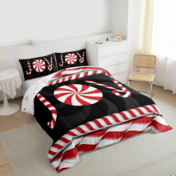 Kids Merry Christmas Comforter Set Twin Size,Holiday Joy Sweet Candies Bedding,Girls Boys Adults Bedroom/Xmas Cabin Decor,Wave Geometric Retro Down Comforter,Red Black Duvet Insert,1 Pillowcase