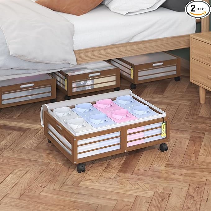 Bamboo Underbed Storage Containers with Wheels & Bag 2 Pack, Large Under Bed Rolling Storage Bins Wood Under Bed Clothes Storage Stackable Drawers for Bedroom Closet Under Crib Toy(Walnut)