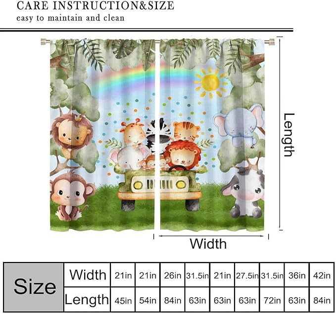 Woodland Kids Curtains Rustic Woodland Wild Animals Watercolor Forest Rainbow Sun Window Draeps for Baby Girls Boys Kids Nursery Bedroom Living Room 2 Panels, 63x63 Inch