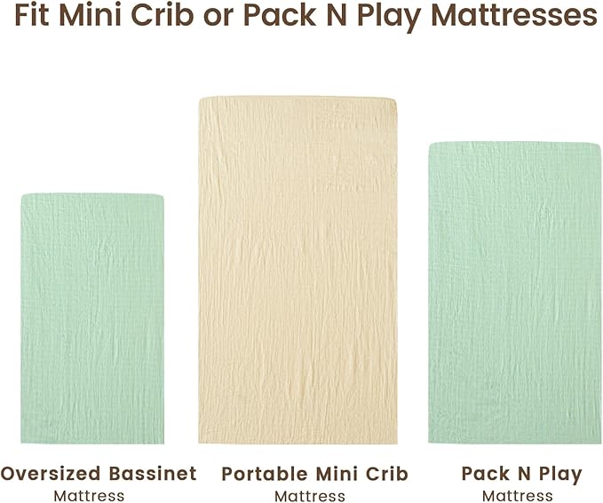 david's kids Muslin Mini Crib Sheets, 2 Pack Cotton Pack N Play Sheets for Boys Girls Neutral, Soft Breathable Baby Sheets Fit Pack N Play, Playard and Mini Crib Mattresses, Beige & Green