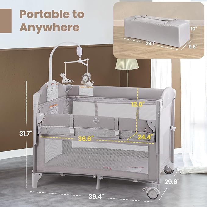 Baby Bassinets Bedside Sleeper, 4 in 1 Portable Bedside Crib w/Mattress, Diaper Changer, Storage Basket, Music Box, Carry Bag, Foldable Playard Sleeper for Newborn (Light Gray)