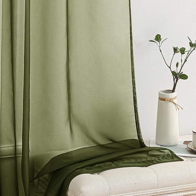 MIULEE 2 Panels Solid Color Sheer Window Curtains Elegant Window Voile Panels/Drapes/Treatment for Bedroom Living Room (54X96 Inches Olive Green)
