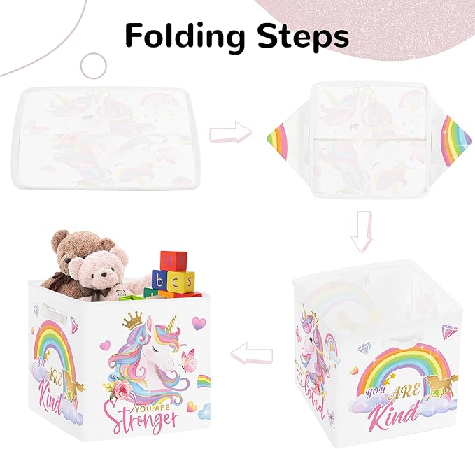 Clastyle Pink Unicorn Rainbow Kid Storage Basket Set Foldable Closet Clothes Organizer Nursery Toddler Toy Bin Girl Book Shelf Basket, Diamond, 11.8x11.8x11.8 in