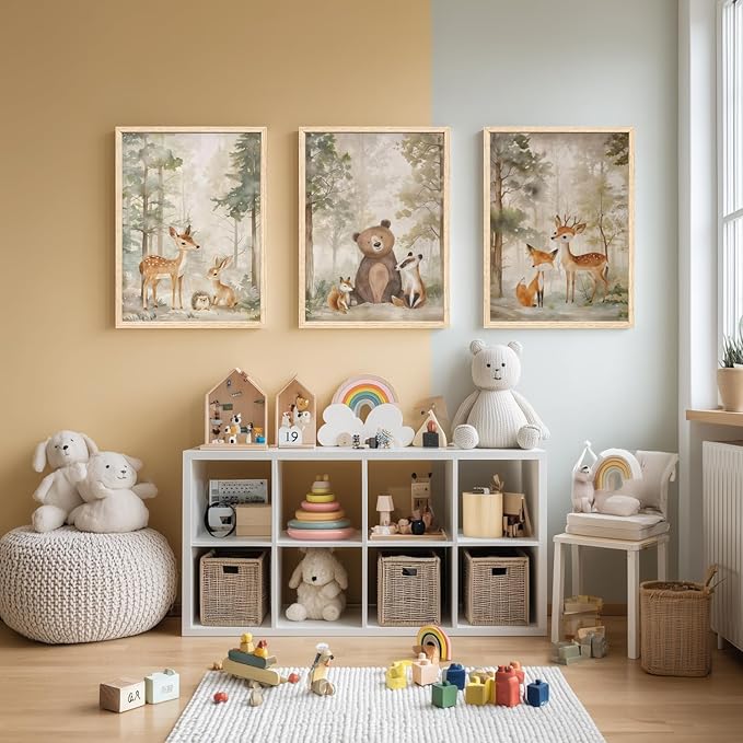 Cyebmo Woodland Animals Wall Art Set of 3, Baby Boy Wild Forest Animals Wall Decor, Deer Bear Fox Canvas Painting, Neutral Aesthetic Pictures for Kids Room Benroom Nursery Wood Framed 16"x24"x3