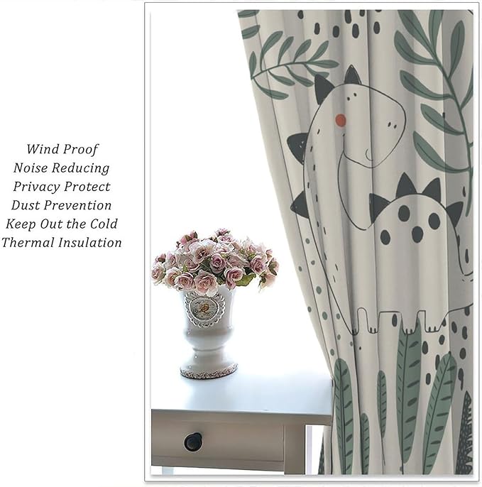 Dinosaur Curtains, Cute Dino Tropical Leaves Plant Beige Green Blackout Window Treatments, Rod Pocket Thermal Insulated Drapes 2 Panel Sets for Children Bedroom Nursery Classroom, 84" W X 84" L