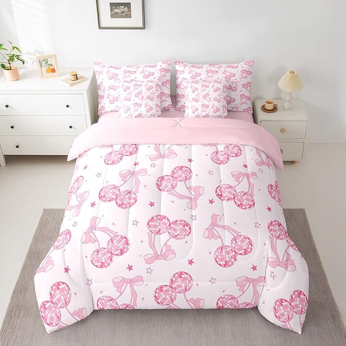 7 Pieces Bowknot Princess Kids Comforter Set Twin,Disco Crystal Ball Western Cowgirl Bedding Set,Starry Sky Bow Tie Romantic Pink Girly（Comforter+Fitted+Flat Sheet+2 Pillowcases+2 Throw Pillow Covers）