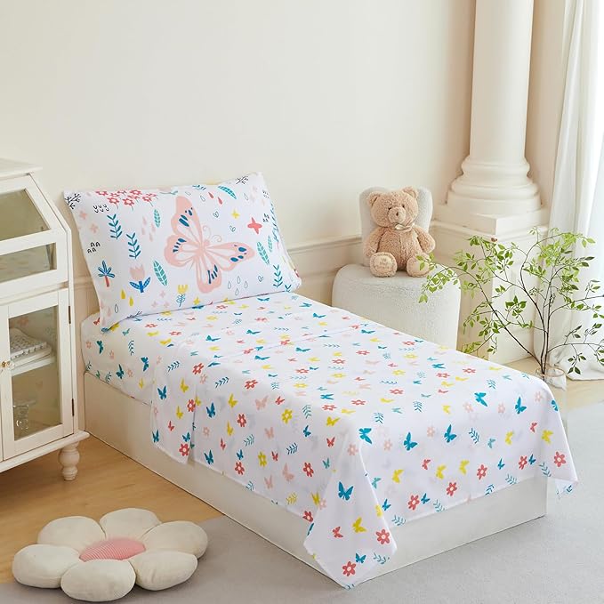 PERFEMET 5 Pieces Girls Bed in A Bag Full Size Reversible Pink Flowers Butterfly Comforter Set with Sheet Soft Lightweight Botanical Floral Bedding Set for Kids Teen(White, Full)