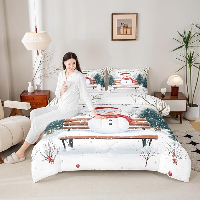Feelyou Merry Christmas Comforter Set Toddler Size Cute Snowman Bedding Set for Kids Boys Girls Snowflake Duvet Quilt Christmas Tree Bedroom Decor Microfiber 2 Pcs with 1 Pillow Cases