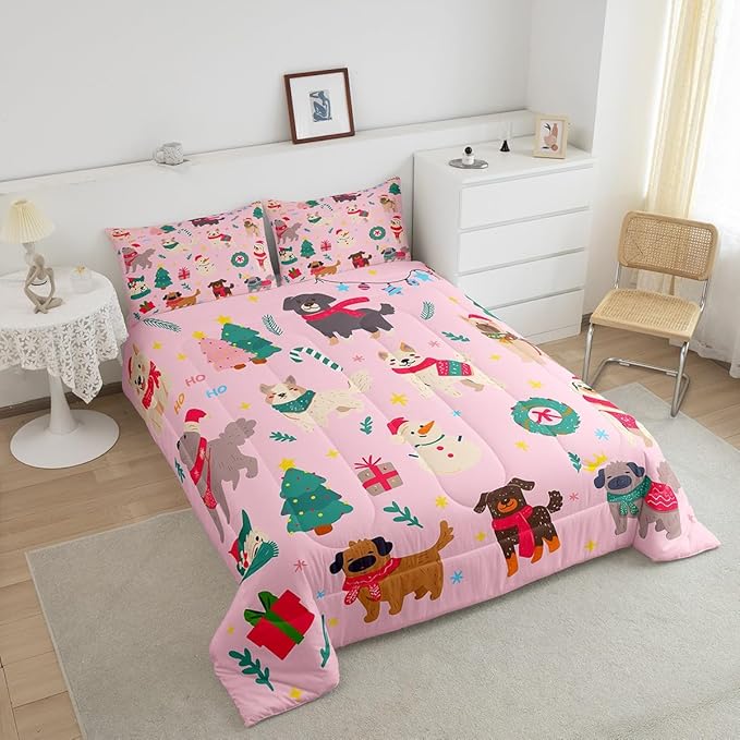 Erosebridal Cute Dog Comforter Set Full Size Puppy Dog Cartoon Xmas Bedding Set Christmas Tree Quilts for Kids Boys Girls Bedroom Decor Snowman Duvet Insert with 2 Pillow Cases