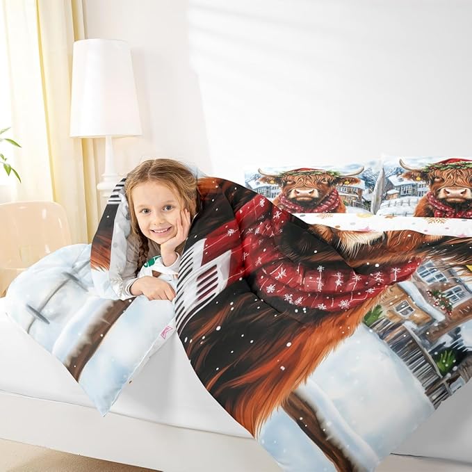 Feelyou Merry Christmas Bedding Set Soft for Boys Girls, Highland Cow Comforter Set Twin Size Snowflake Duvet Quilt Microfiber Winter Bedroom Decor 2 Pcs with 1 Pillow Cases