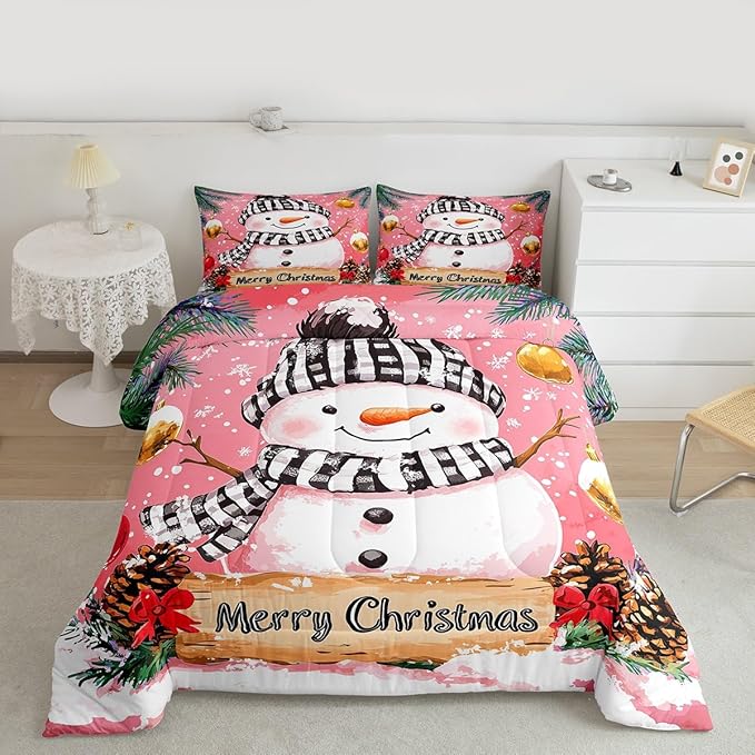 Feelyou Merry Christmas Kids Comforter Set Queen Size Cute Snowman Bedding Set Snowflake Duvet Quilt for Kids Boys Girls Bedroom Winter Decor Microfiber Ultra Soft Breathable