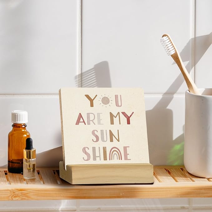 QASHWEY Nursery Shelf Decor, Boho Desk Shelf Decor, Motivational Boho Sun Rainbow You Are My Sunshine Wooden Plaque with Wooden Stand for Home Nursery