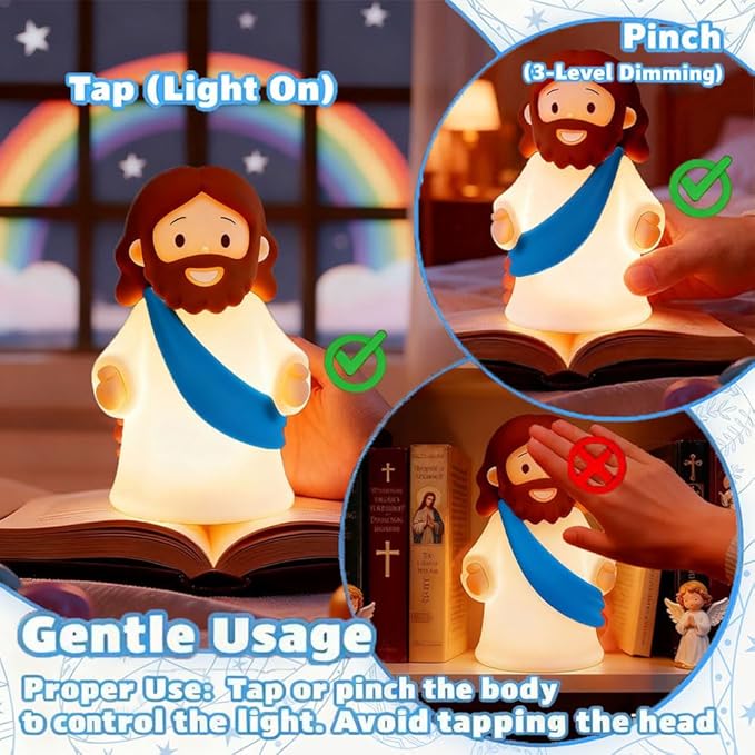 Little Jesus Night Light Mini Jesus Silicone Lamp Dimmable Nursery Nightlight for Kids Rechargeable Bedside Touch Lamp Perfect for Christmas, Easter and Baptism Gifts (Blue)