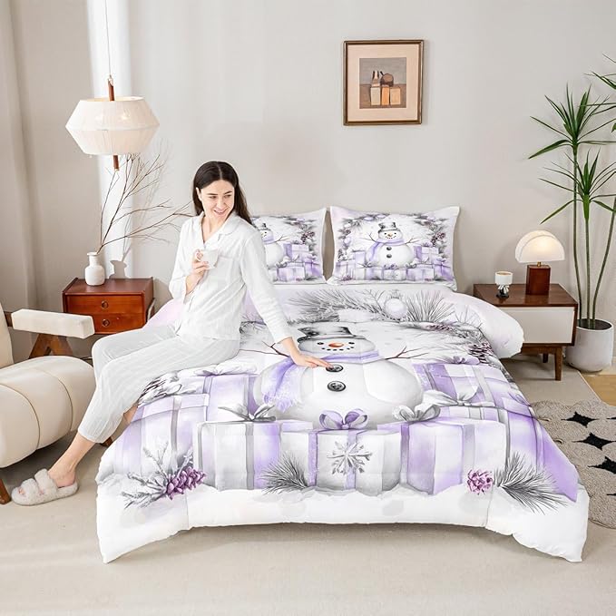 Feelyou Merry Christmas Bedding Set Soft for Boys Girls, Cute Snowman Comforter Set King Size Duvet Quilt Microfiber Snowflake Bedroom Decor 3 Pcs with 2 Pillow Cases
