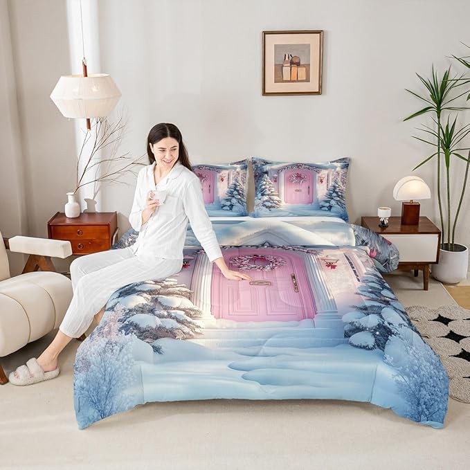 Feelyou Merry Christmas Kids Comforter Set Full Size Winter Snowscape Bedding Set Pink Door Duvet Quilt for Kids Boys Girls Bedroom Garland Xmas Tree Decor Microfiber Ultra Soft Breathable