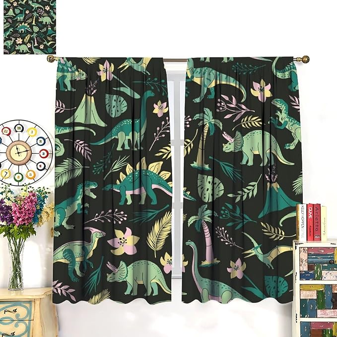 Dinosaurs Blackout Curtains Cartoon Cute Funny Dino Tropical Jungle Green Art Print for Kids Boys Bedroom Living Room Rod Pocket Decoration Window Drapes 2 Panels W31.5xL63in