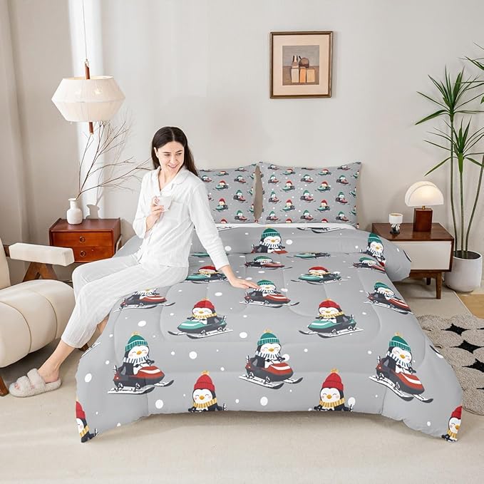 Feelyou Christmas Comforter Set All Season Gray Penguin Bedding Set with 2 Pillow Cases Cartoon Penguin Skiing Microfiber Kids King Bedclothes Snowflake Bedroom Decor Duvet Quilt Breathable Soft