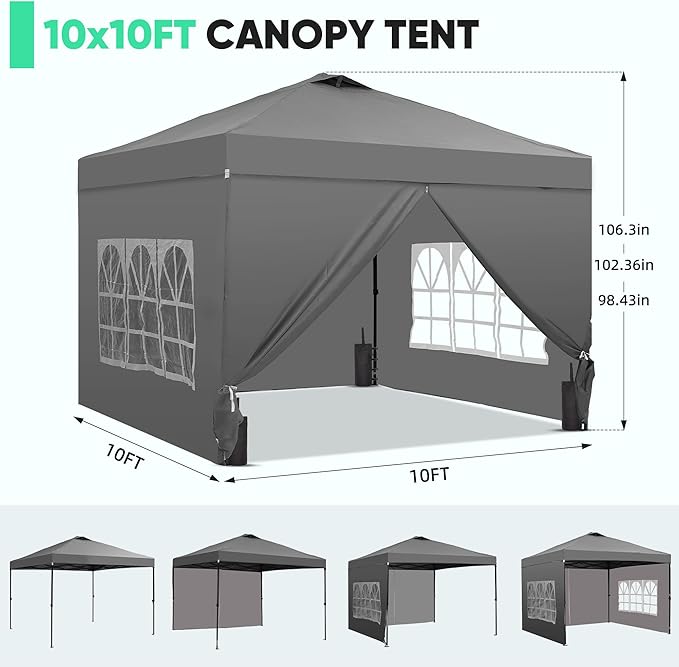 GDY 10x10 Pop Up Canopy Tent with 4 Sidewalls, Easy Set up with One Push Lift Outdoor Silver Coated Beach Gazebos, Carpas with 4 Sandbags, for Pool, Events, Parties, and Camping, Gray.