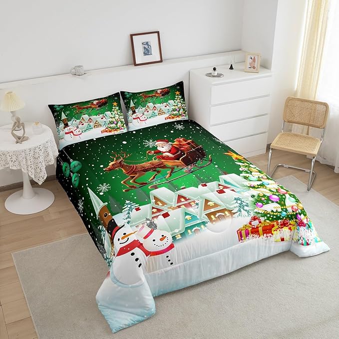 Manfei Christmas Comforter Set Twin Size, Snowman Xmas Tree Quilt Set with 1 Pillowcase, Santa Claus with Deer Bedding Set 2pcs for Kids Boys Girls Room Decor New Year Theme Duvet Insert