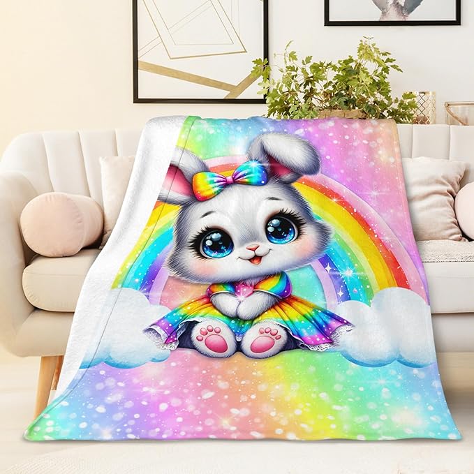 Rabbit Blanket Gift for Girls, Bunny Throw for Kids Teens Daughter 50x60 Inches Soft Warm Lightweight Rainbow Throw Blankets for Sofa Couch Bed Travel