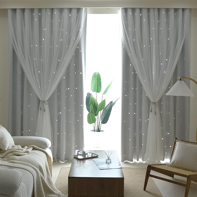 Kinryb Kids Star Cutout Curtains for Bedroom/Living Room/Classroom,2 Free Tiebacks Sheer Overlay 2 Panel Set, Double Layer Curtains for Kids Room(Each Piece W70xL72 Inches 2 Pcs Greyish White)