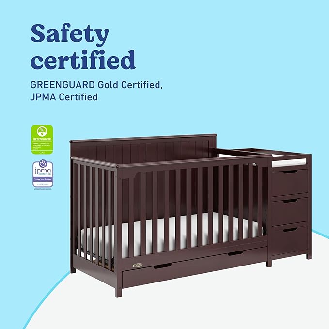 Graco Hadley 5-in-1 Convertible Crib & Changer (Espresso) – GREENGUARD Gold Certified, Fits Standard Crib Mattress, Converts to Toddler Bed and Full Bed, 4 Adjustable Mattress Heights