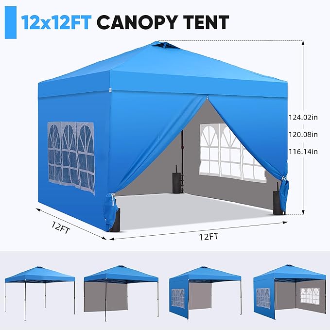 GDY 12x12 Pop Up Canopy Tent with 4 Sidewalls, Easy Set up with One Push Lift Outdoor Silver Coated Beach Gazebos, Carpas for Pool, Events, Parties, and Camping, Blue.