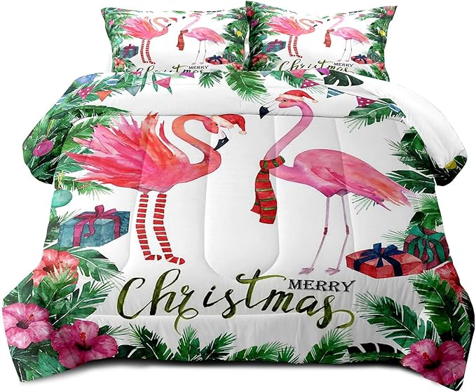 LUVIVIHOME 3PCS Merry Christmas Comforter Set King Size, Pink Flamingo Bedding, Teens Girls Boys Kids Bedding, Tropical Green Plant Botanical Hibiscus Flower White Quilt, Xmas Gifts, 2 Pillow Cases