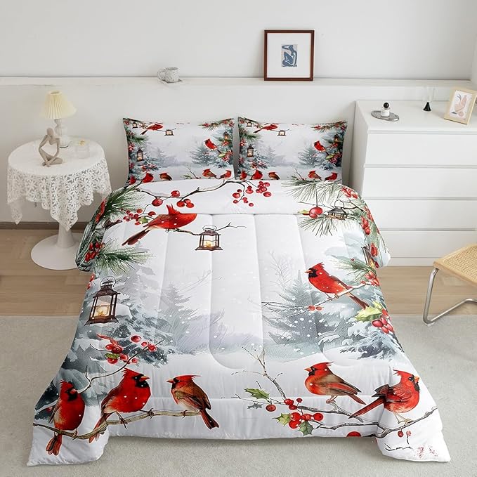 jejeloiu Kids Red Cardinal Comforter Set Queen Size Christmas Theme Bedding Set for Boys Girls Teens Xmas Birds Winter Country Woodland Animal Duvet Quilt Room Decor