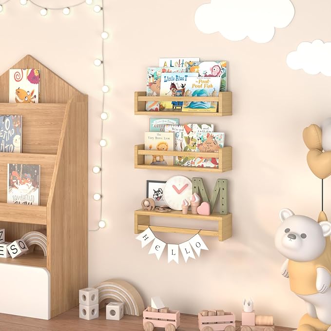 Floating Nursery Book Shelves for Wall, 15.7 Inch Nature Solid Wood Wall Mounted Bookshelf Set of 3, Hanging Bookshelves for Kids Room, Bedroom Nursery Decor and Book Storage (Wood)
