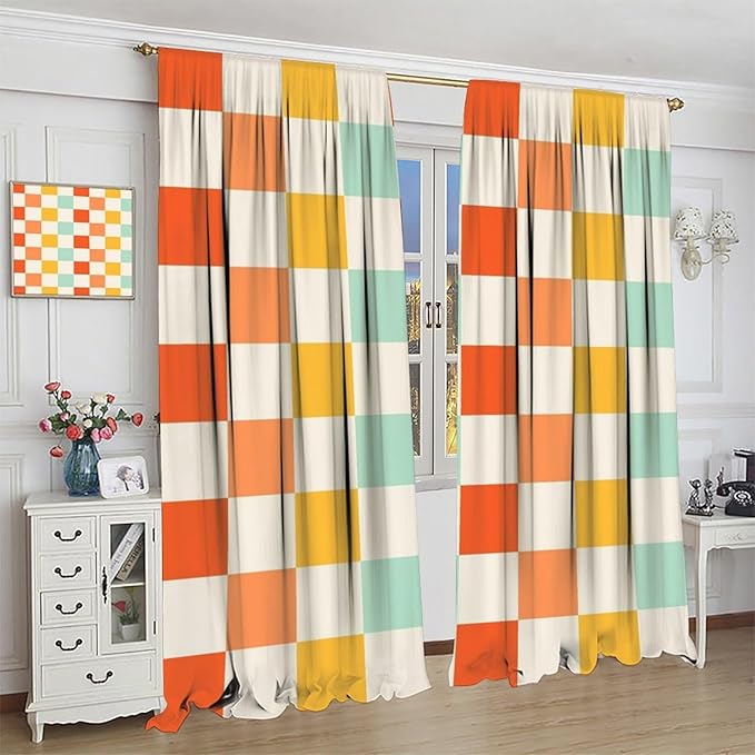 70s Retro Curtains,Cute Green Pink Yellow Checkered Hippie Window Treatments for Kids Girl Bedroom Window 55"" W X 63"" L, Style-7