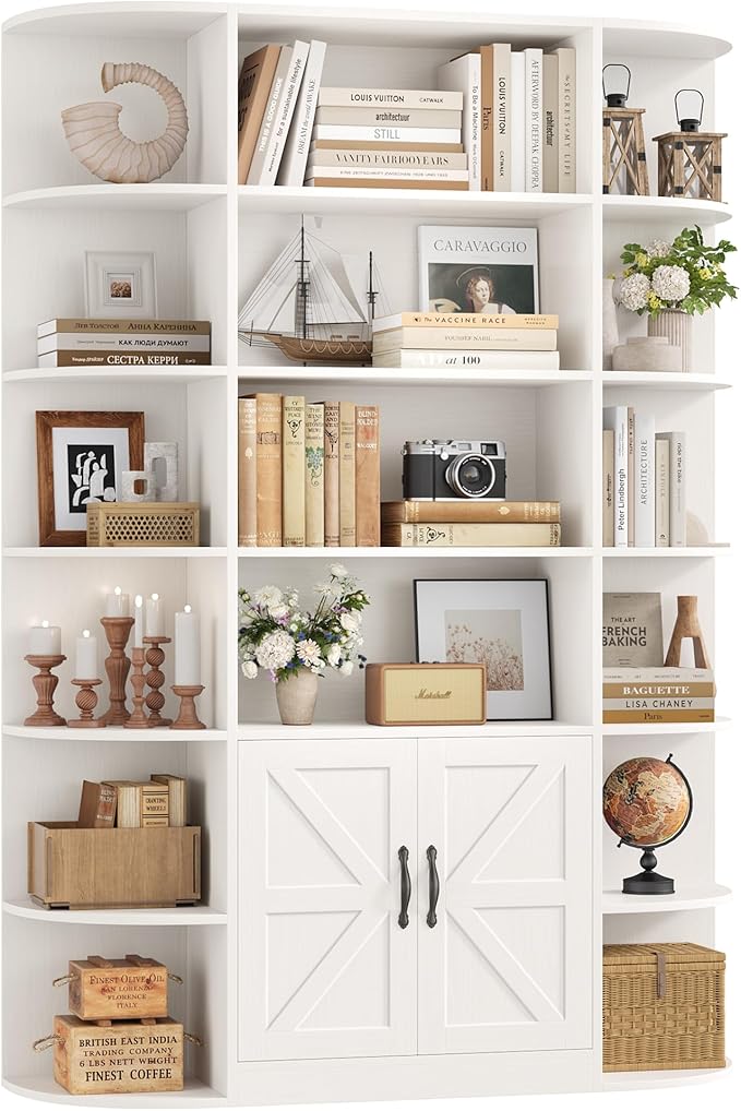 HOSTACK 75" Tall Book Shelf and Bookcase, 6 Tier Bookshelf with Storage, 47" Wide Bookcase with Doors, Freestanding Wood Display Shelves with Book Storage Cabinet for Home Office, Living Room, White