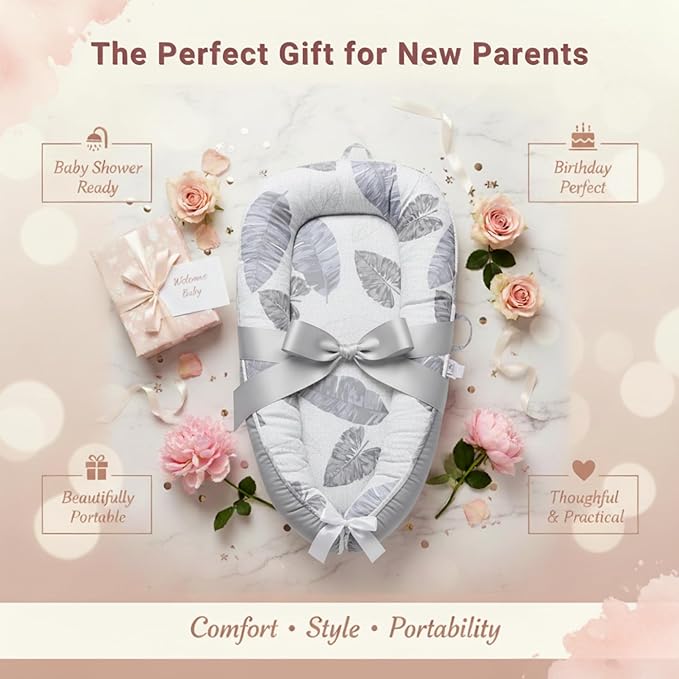 Baby Lounger – Infant Lounger for Newborn 0–24 Months, Baby Nest Lounger, Portable Newborn Lounger, Soft Breathable Cotton, Essentials for Babies at Home and Travel (Gray Feather)