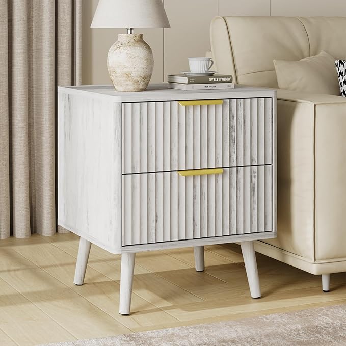 LYNSOM Fluted Dresser and Nightstand Sets 2 Piece, 2-Drawer Nightstands and 5-Drawers Dresser, Wood Bedroom Furniture Set for Home, Bedroom, Hallway, White