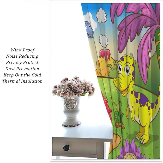 Cute Dinosaur Curtains, Colorful Cartoon Dino Pattern Blackout Window Treatments, Rod Pocket Thermal Insulated Drapes 2 Panel Sets for Kids Bedroom Nursery Classroom, 42" W X 63" L