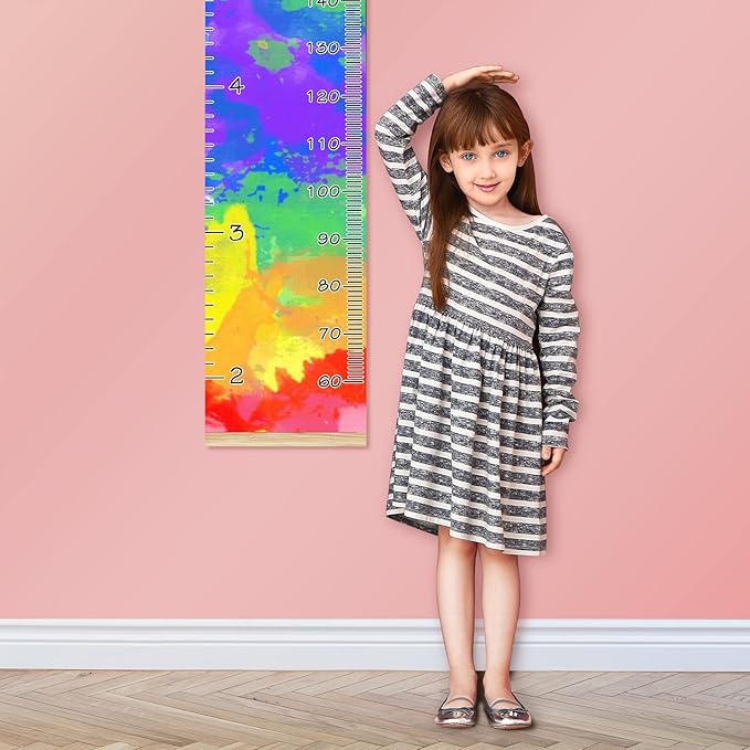 Kids Growth Chart Ruler for Wall Wood Frame Height Measure Chart 13.4x56 in Linen Hanging Height Growth Chart Watercolor Tie Dye Kids Room Decor