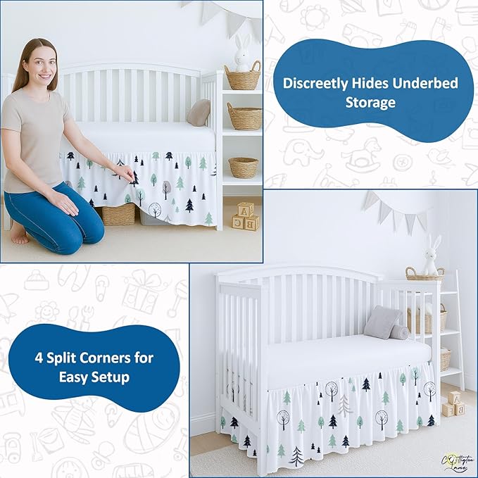 Cottington Lane Crib Skirt Dust Ruffle, 100% Natural Cotton, Soft, Durable Nursery Crib Toddler Bedding Skirt for Baby Girls or Boys, Fits Standard Cribs 28" x 52" with 14" Drop, Winter Forest