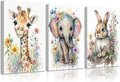 3Pcs Baby Watercolor Safari Animals Nursery Canvas Wall Art Cute Jungle Animals with Wildflower Picture Posters Wall Decor Giraffe Elephant Rabbit Painting Print Artwork for Kids Children Room 12x16in
