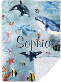 Custom Baby Blanket - Ocean Animals Theme Personalized Name Blanket for Boys Girls, Soft Infant Toddler Blanket with Whale and Dolphin, Customizable Nursery Bedding (47" x60)