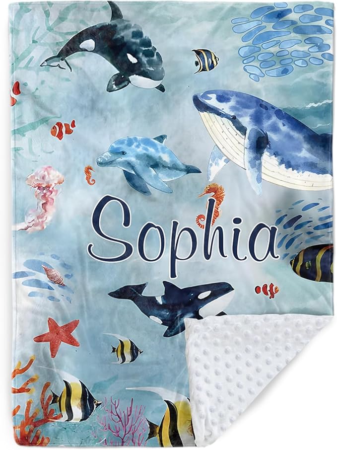 Custom Baby Blanket - Ocean Animals Theme Personalized Name Blanket for Boys Girls, Soft Infant Toddler Blanket with Whale and Dolphin, Customizable Nursery Bedding (30”x40)